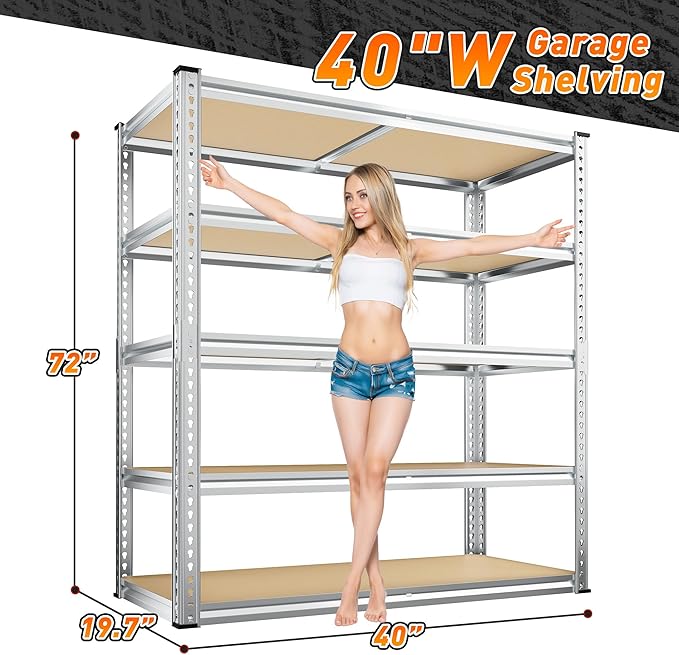 REIBII 2500LBS Garage Shelving 40" W Storage Shelves Adjustable Metal Shelving 5 Tier Pantry Shelves for Garage Closet Kitchen Basement 40" W x 19.7''D x 72''H, Silver