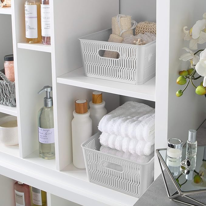 Simplify 4Pk Large Slide 2 Stack It Tote Basket | Storage & Organization | Open Bins with Stackable Capability | Bathroom | Crafts | Pantry | Playroom | Office | Grey (KIT-25930-GREY-4PK)