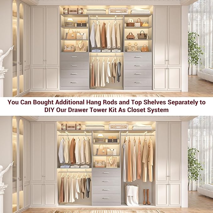 Aheaplus Closet Drawers Organizer System, 21.3" Wood Closet System with 4 Drawers, Modular Walk-in Closets Storage Unit, Tall Bookshelf Storage Cabinet, Grey