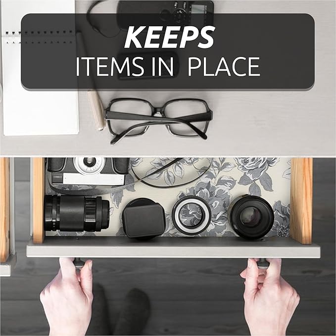 12X120 Inch Shelf Liner for Kitchen Cabinets, PVC Drawer Liner for Dresser Non-Slip Bathroom, Non-Adhesive Cabinet Liner Washable (Black Flower)(2 Roll)