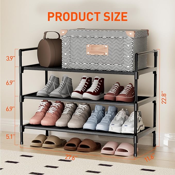 Shoe Rack 3 Tier Shoe Organizer Shoe Storage Shoe Rack for Narrow Hallway Entryway Bedroom Easy Assembly (Black)