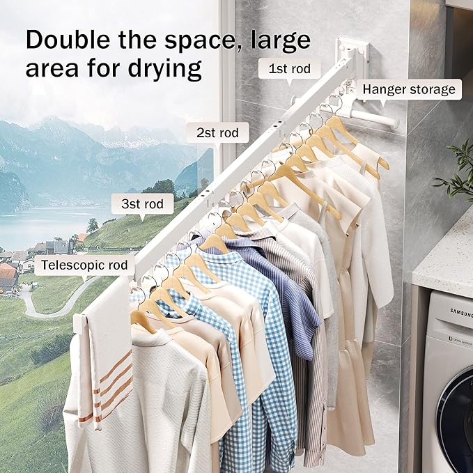 LIENAHU Drying Rack, Wall Mounted Clothes Rack, Aluminum, 220lbs Capacity, Foldable, White