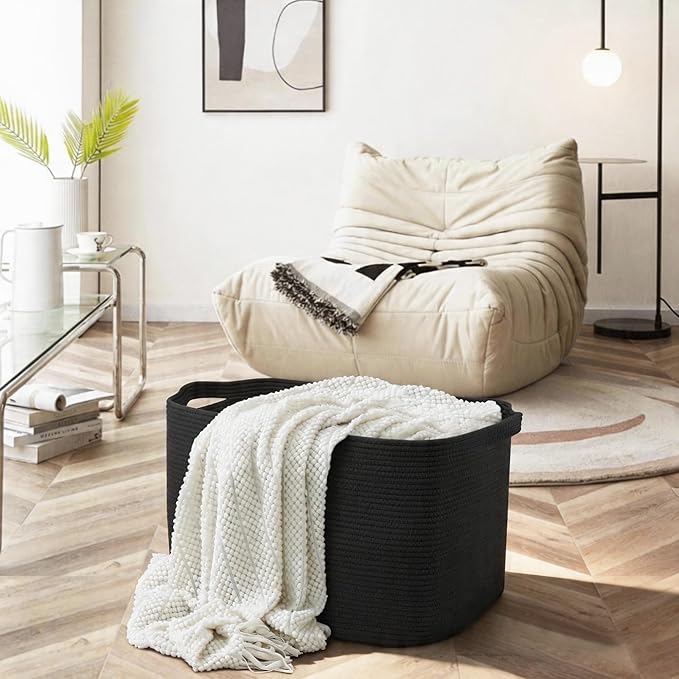 MEGASKET Extra Large Basket for Blankets, 23.6" x 17" x 12" Black Blanket Storage for Living Room, Big Cotton Rope Pillow Holder, Rectangle Kid Dog Toy Bin Box, Woven Laundry Basket, Shoe Bin Entryway