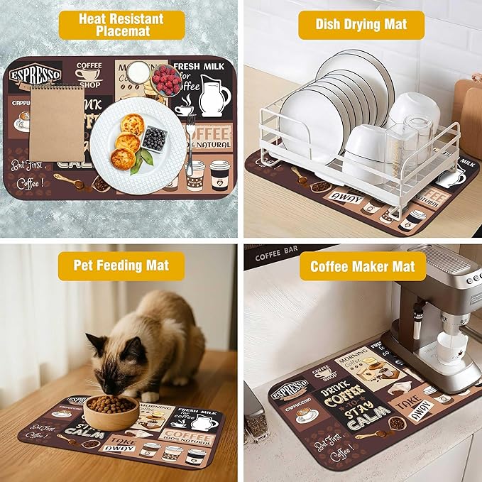 Retro Coffee Pattern Drying Mat 12" x 19", Non-Slip Absorbent Quick-Dry Mat, Protects Countertops from Spills Stains for Coffee Makers Espresso Machines