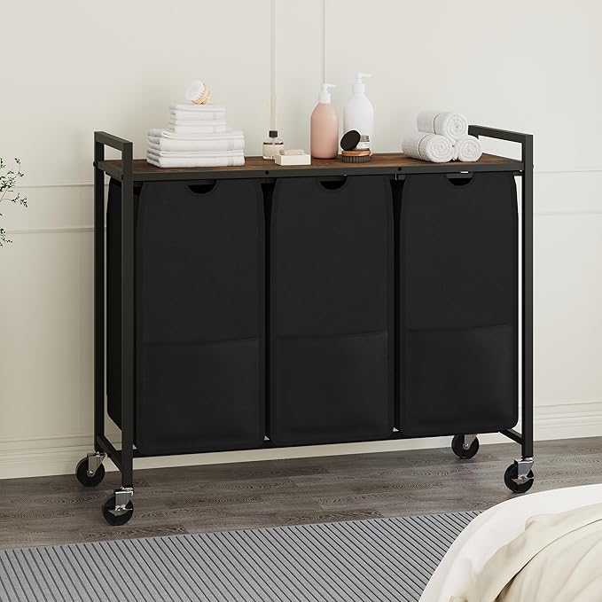 Laundry Sorter with Wheels & 100lb Top Shelf, Rolling 3 Section Removable Pull-Out Fabric Bags Hamper Basket, Sturdy Rustic Brown Black Iron Organizer for Room Organization