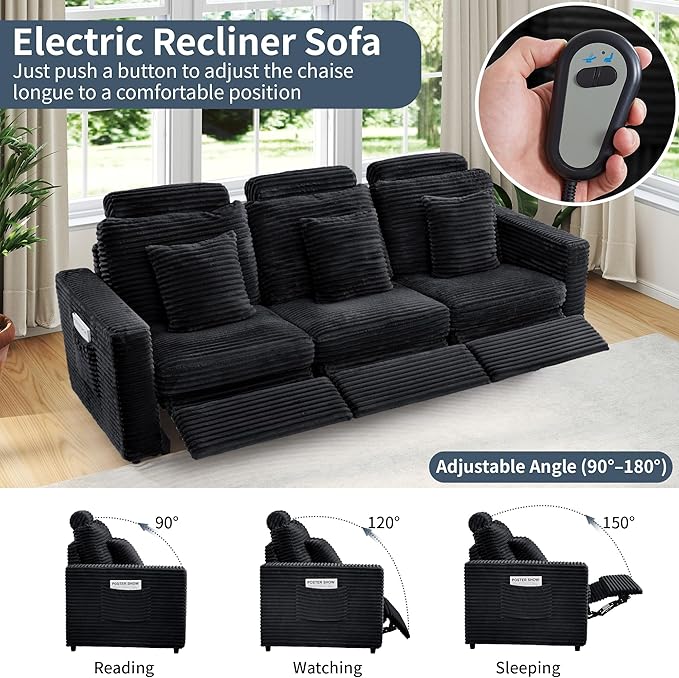 LEVNARY 3-Seater Modular Reclining Sofa, Faux Rabbit Fur Power Recliner Couch with 3 Electric Seats, 3 Pillows & Side Pockets, Adjustable Back & Footrest, Living Room Furniture (Black)