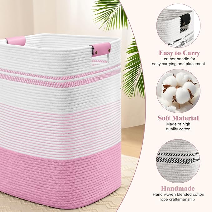 Laundry Hamper, 85L Tall Laundry Basket with Leather Handles, Rectangle Large Clothes Hamper for Organizing, Cotton Woven Laundry Baskets Storage Hampers for Bedroom, Nursery, Living Room