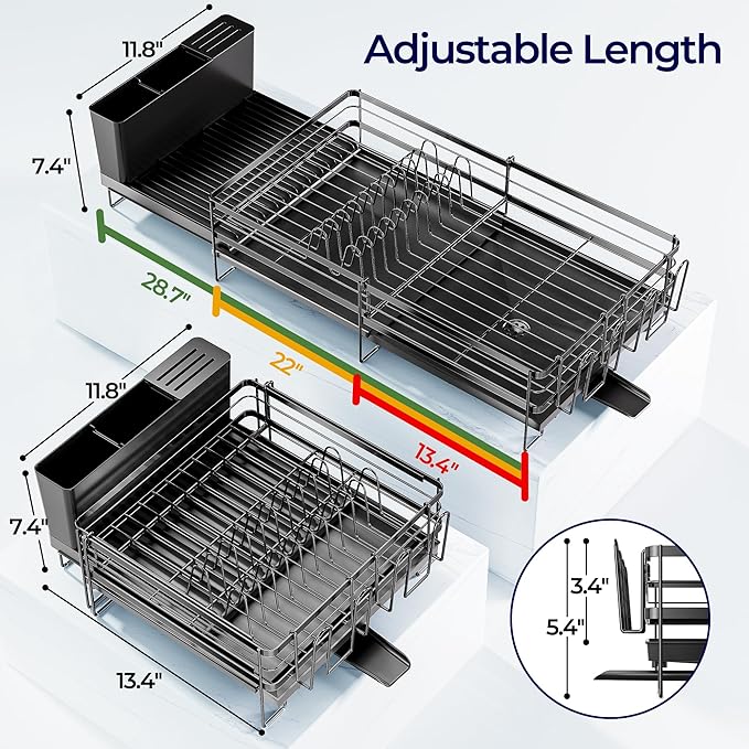 Large Dish Drying Rack, Expandable Dish Rack for Kitchen Counter, Dish Drainer with Drainboard Set, Multifunctional Dishrack with Utensil & Cup Holder, 13.4"-28.7" L x 11.8" W x 7.4" H, Black