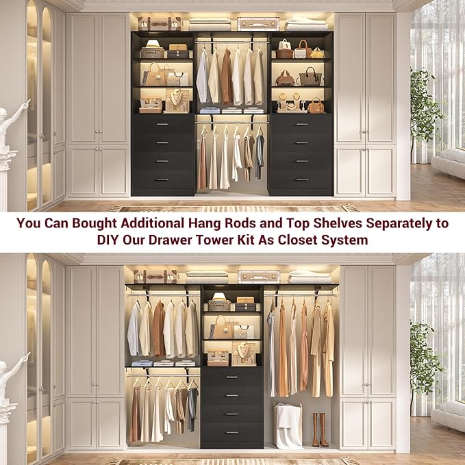 Aheaplus Closet Drawers Organizer System, 21.3" Wood Closet System with 4 Drawers, Modular Walk-in Closets Storage Unit, Tall Bookshelf Storage Cabinet, Black