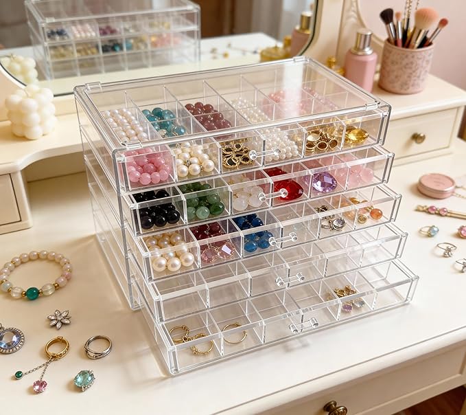 Acrylic Transparent Earrings Jewelry Organizer with 5 Drawers 120 grids, Stackable Necklace Rings Display Storage Case Box Holder, Clear