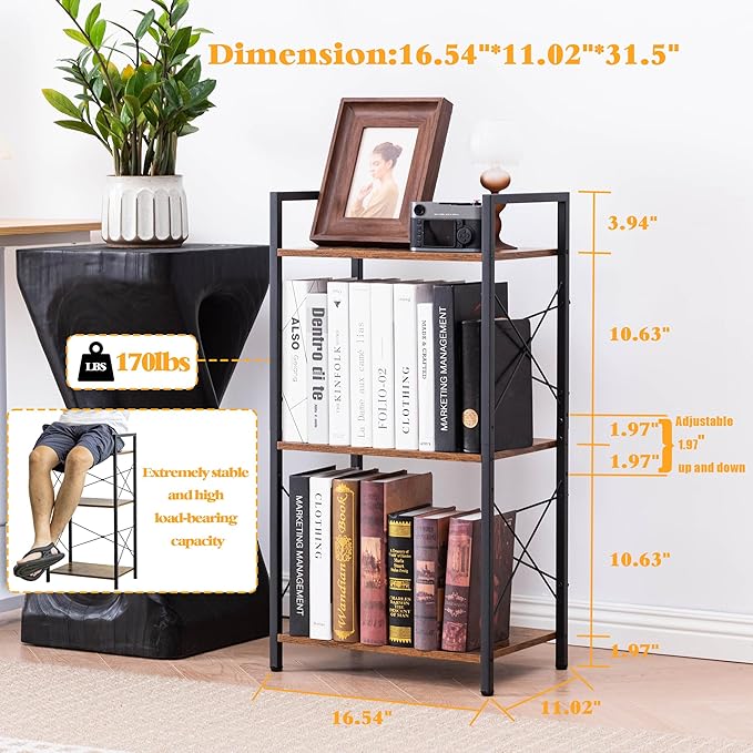 HCHQHS Small Bookshelf, Adjustable 3-Tier Industrial Bookcase, Rustic Open Book Shelf, Wood and Metal Horizontal Bookshelves