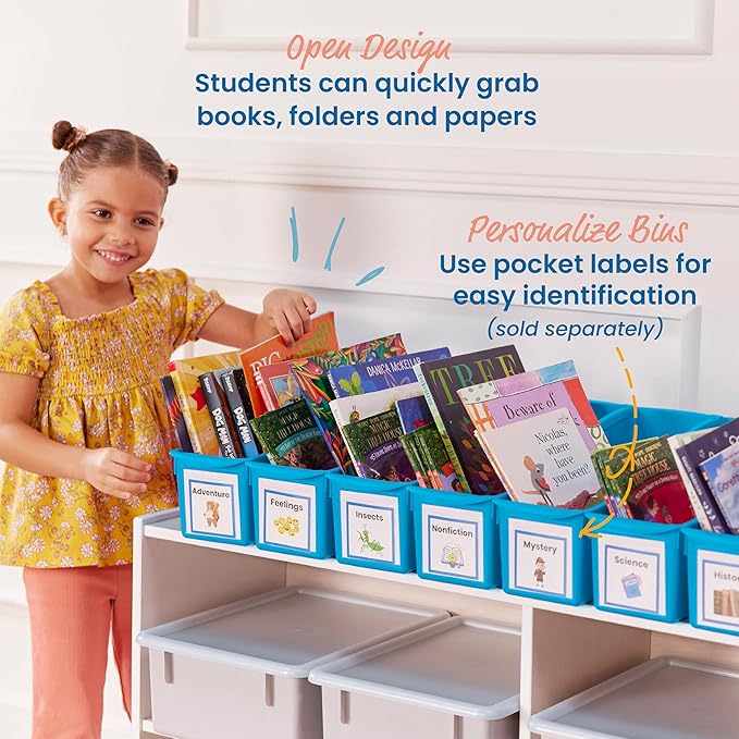 ECR4Kids Linking Plastic Storage Book Bin, Multipurpose Organization, Neon Blue, 10-Piece