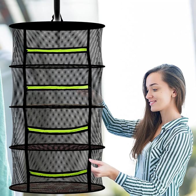 MEKOLIFE Herb Drying Rack Hanging-4 Layer, Plant Drying Rack, Bud Drying Net,Foldable Hanging Dry Rack Net with Green Zipper, Garden Shears & Hooks, for Herbs, Seeds Indoor/Outdoor (23.62")