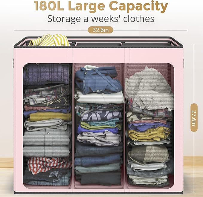 Optish 180L Laundry Hamper 3 Section, Large Laundry Basket with Lid, Laundry Basket Organizer with Handles, Pink Divided Laundry Baskets, Clothes Hampers for Nursery, Bedroom, Bathroom