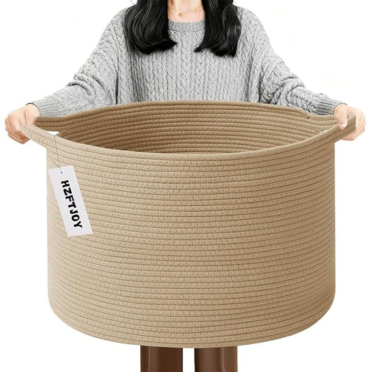 90L Large Blanket Basket, 21.7"x 21.7"x 13.8" Rope Woven Storage Basket with Handles, Laundry Hamper for Toys, Clothes, Pillows & Towels, Perfect for Living Room, Nursery & Bedroom,Camel