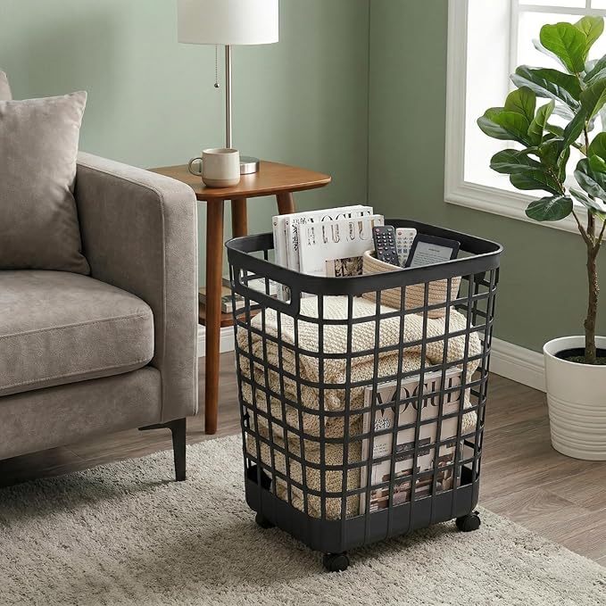 Rolling Laundry Hamper with Smooth-Glide Wheels, 2.6 Bushel Large Capacity Plastic Clothes Basket, Tall Ventilated Open-Top Bin for Easy Access, No Assembly Required Space Saving Storage, Black