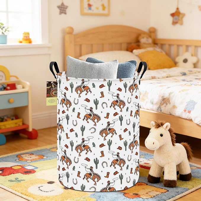 HUNRUNG Collapsible Fabric Storage Basket, Waterproof Laundry Hamper with Handles, Round Storage Bin for Clothes Toys, Foldable Organizer for Bedroom Nursery Bathroom(Round-Cowboy)