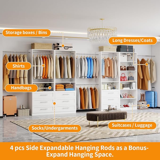 Closet System, 8FT-21FT Closet Organizer Systems with 9 Wooden Drawers 9 Shelves & 5 Hanging Rods, Walk in Closet Small Corner Modular Closet Storage System White 4 Sets (8FT)