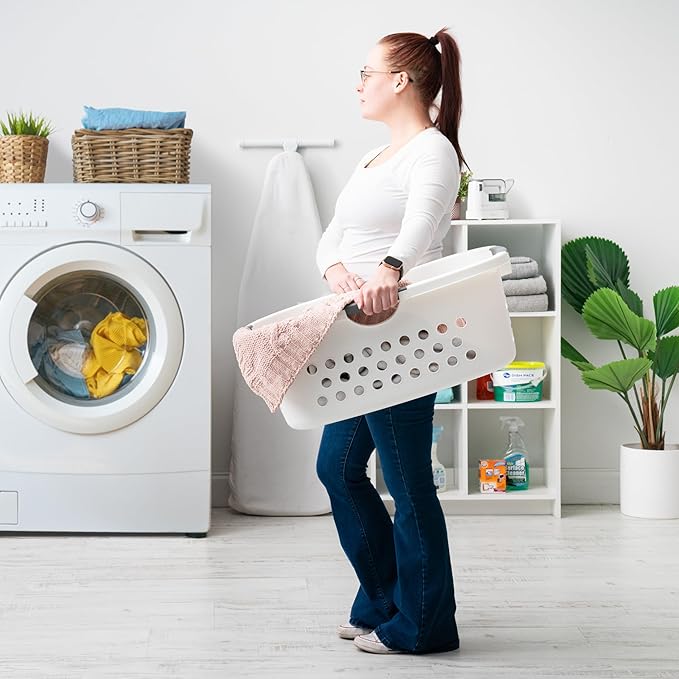 IRIS USA Laundry Basket Hamper Bag, Large Plastic 50L / 1.5 Bushel Dirty Clothes Sorter Bin Organizer for Blankets Bathroom Dorm Bedroom with Ventilation Holes Hip Hold Built-In Carry Handles, White