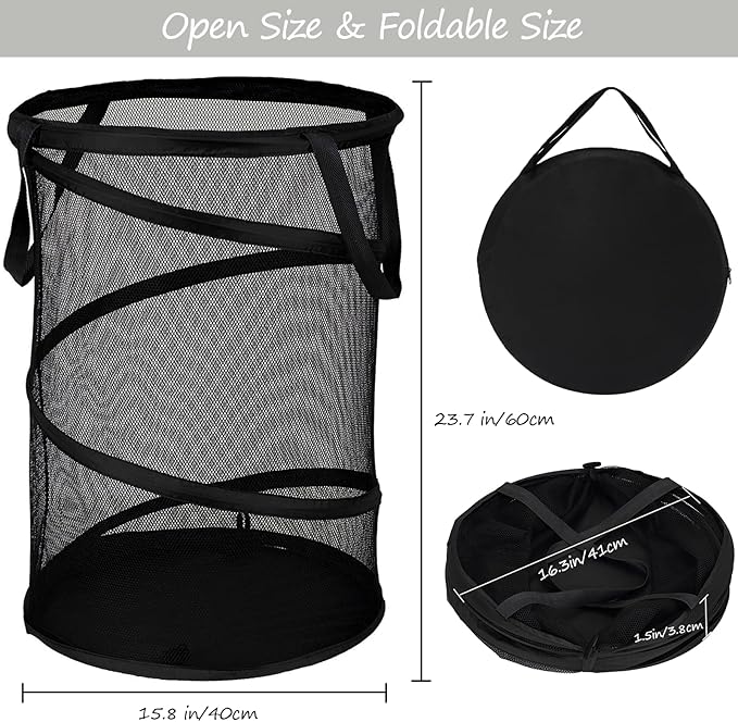 BATTOO 2 Pack Black Large Collapsible Laundry Basket Foldable Mesh Pop Up Hamper with Handles for Laundry Room, Bathroom, Kids Room, College Dorm, Travel, Camping, Gift Basket