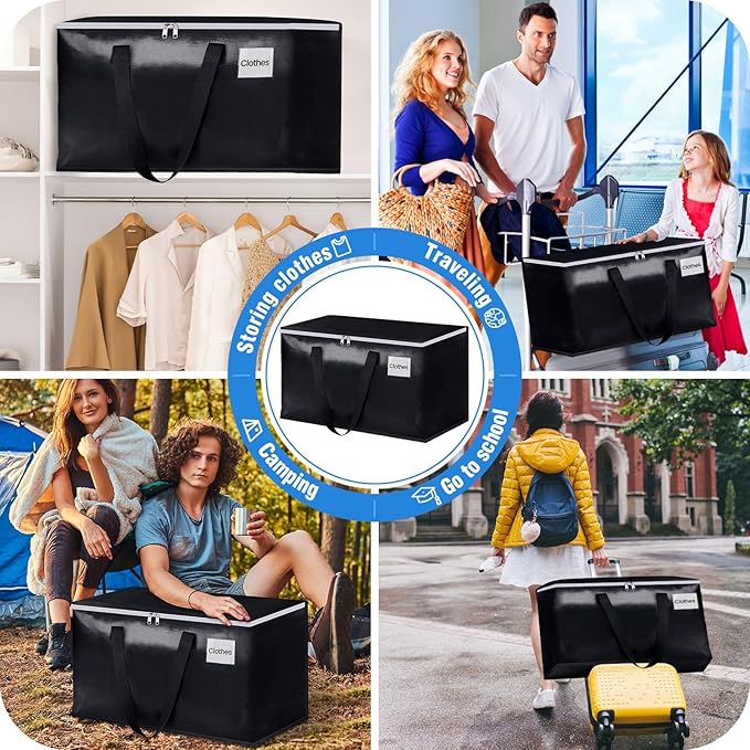 BlissTotes Moving Bags, Heavy Duty Moving Boxes with Zippers Top and Sturdy Handles, Storage Bags for Space Saving and Packing, Collapsible Moving Supplies, Storage Totes (125L, 8-Pack, Black)