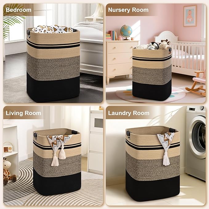 Laundry Hamper, 75L Tall Laundry Basket with Leather Handles, Rectangle Large Clothes Hamper for Organizing, Cotton Woven Laundry Baskets Storage Hampers for Bedroom, Nursery, Living Room