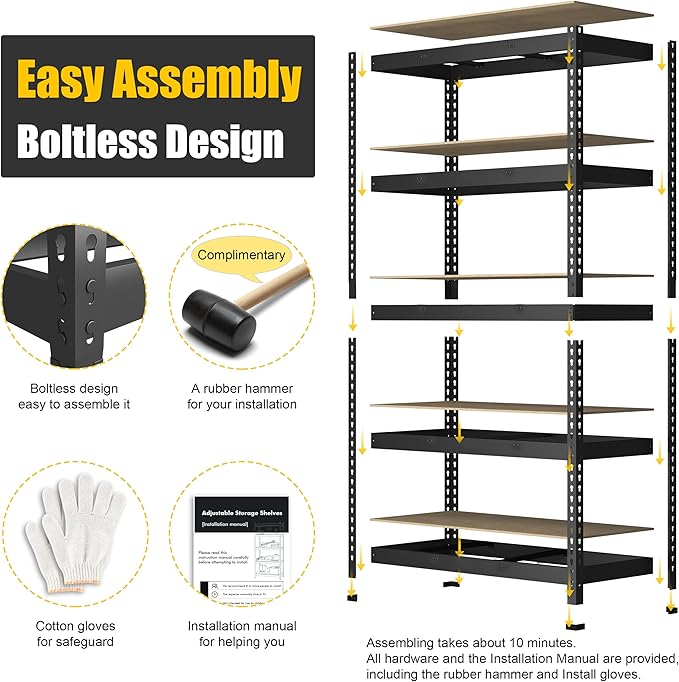 PrimeZone 47" W x 23.6" D x 71" H Large Heavy Duty Storage Shelves - 2 Pack 5 Tier Adjustable Garage Storage Shelving, Metal Storage Utility Rack Shelf Unit for Warehouse Pantry Closet Kitchen, Black