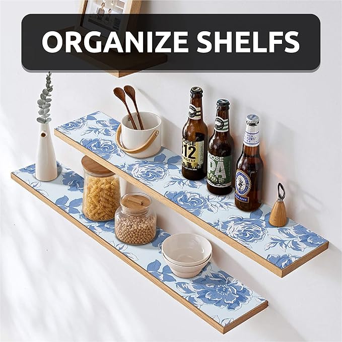 FIFTY FEET 18X96 Inch Shelf Liner for Kitchen Cabinets, PVC Drawer Liner for Dresser Non-Slip Bathroom, Non-Adhesive Cabinet Liner Washable (Blue Flower)(9 Roll)