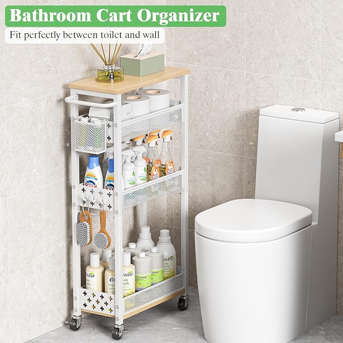 Utility Slim Rolling Storage Cart with Wheels, 4 Tier Narrow Metal Kitchen Cart Bathroom Laundry Room Organization Trolley with Wood Rack and Removable Mesh Basket for Small Space, 7.1IN White