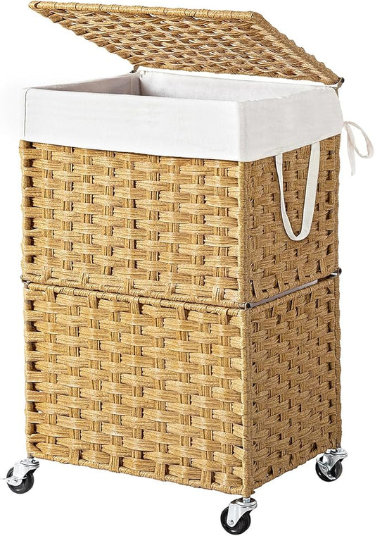 Chrislley 90L Slim Laundry Hamper with Wheels, Rolling Laundry Basket with Lid and Renovable Liner Bag, Handwoven Rattan Organizer for bedroom, bathroom, laundry room (Yellow)