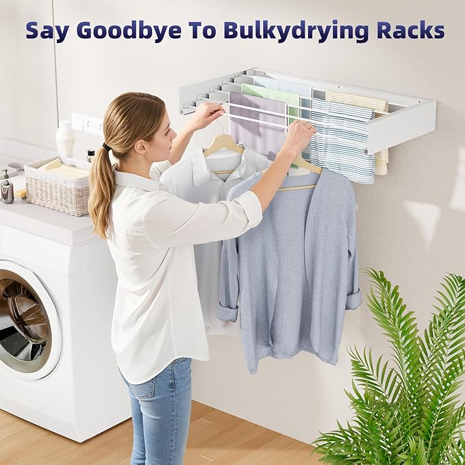 ZMBESUP Laundry Drying Rack - Collapsible Wall Mounted Rack, 23.6" Wide, 11.2 Linear Ft, 4 Aluminum Rods, 60 lb Capacity (White)