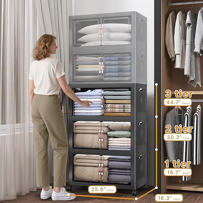 UAMFURI Extra Large Stackable Storage Bins with Lids & Wheels, 360QT-120QT/30GAL*3Pack Foldable Collapsible Closet Organizers Storage Cabinet with Doors for Bedroom Dorm