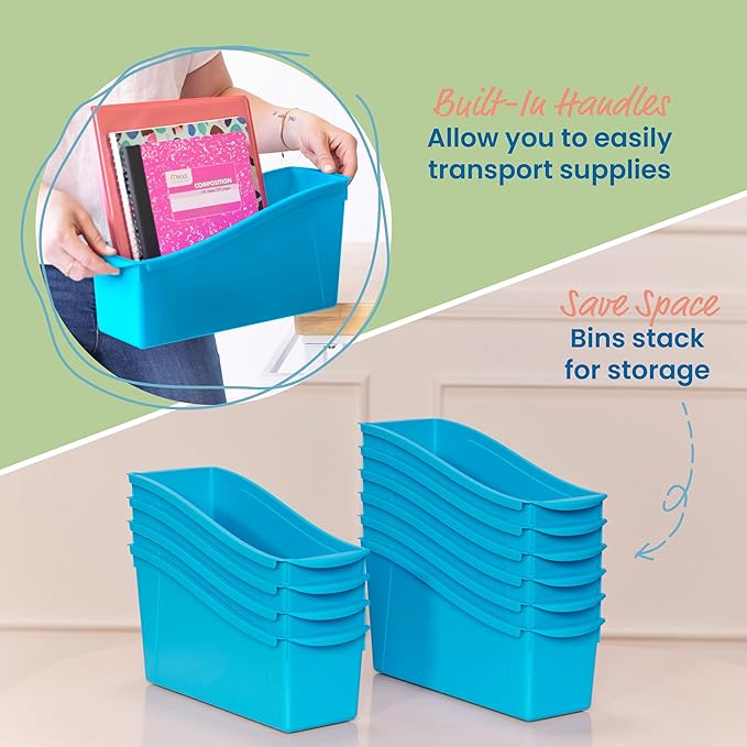 ECR4Kids Linking Plastic Storage Book Bin, Multipurpose Organization, Neon Blue, 10-Piece