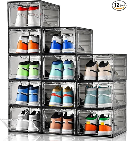 Clemate Upgraded X-Large Shoe Storage Box,12 Pack,Shoe Box Clear Plastic Stackable,Drop Front Shoe Box with Clear Door,Shoe Organizer Containers For Sneaker Display,Fit up to US Size13, Ashy