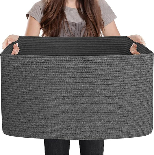 MEGASKET Extra Large Rope Basket, 23.6" x 17" x 12" Rectangle Wicker Baby Laundry Basket, Kids Toy Storage Baskets, Woven Basket for Blankets Clothes Pillows, Laundry Room Organization, Dark Grey