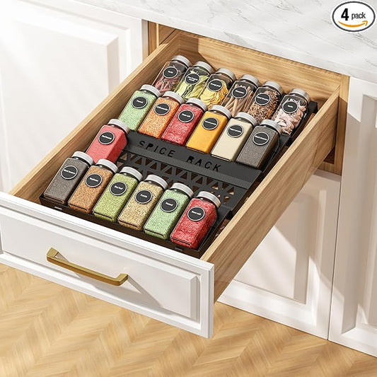 RCHYFEED 4 Tier Spice Drawer Organizer, (Need 3.5" Deep Drawer) 4 Pack Metal Non-Slip Spice Rack for Drawer Free Combination, Adjustable Spice Rack Drawer Insert, Spice Organization for Drawer