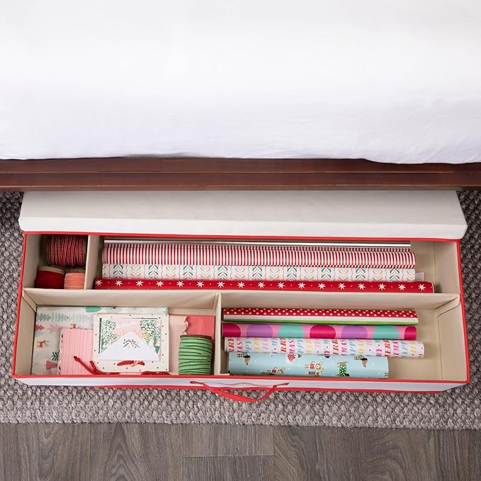 Household Essentials Holiday Gift Wrap Organizer with Lid, Natural and Red