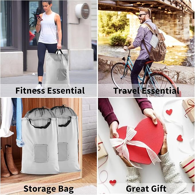 Travel Laundry Bags, 2Pcs JHX Foldable Dirty Clothes Bag 【Upgraded】 with Fixed Drawstring Net, Handles and Carabiner, Portable Laundry Bags for Travel, Fitness, and Students (Gray) 30"H x 21"W