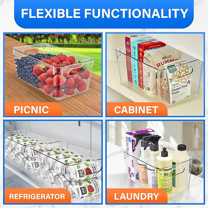Lifemaster Multi-purpose Refrigerator Bins - 10 pieces Large Capacity Stackable Fridge Bin Organizer with Easy Grip Handles - Clear