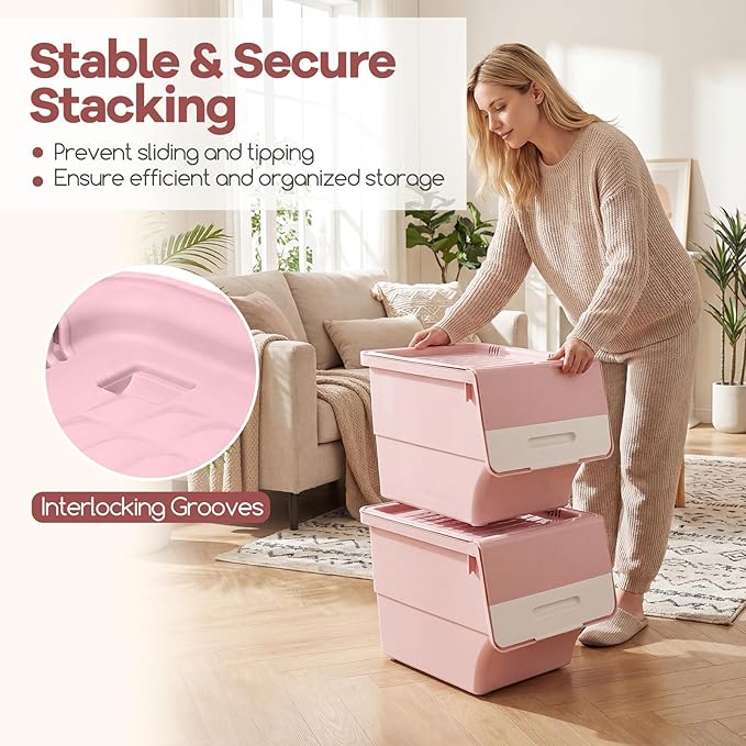 Giantex Plastic Stackable Storage Bins with Lids & Wheels, 6 Pack Open Front Stacking Bins, Organizer Bins for Pantry, Kitchen, Laundry, Closet, Playroom, Bedroom Organization (35 QT)