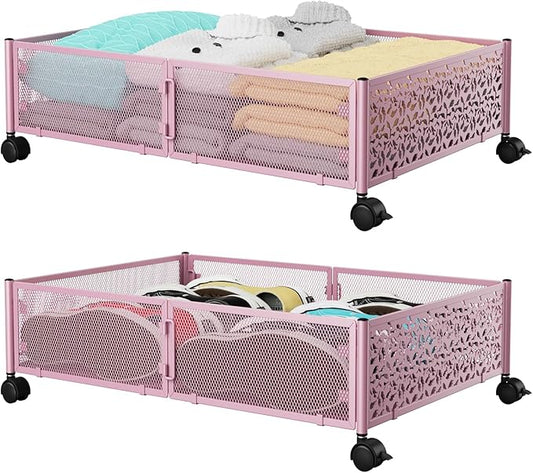 PHINOX Under the Bed Storage Containers with Wheels, Under Bed Storage, Under Bed Shoe Storage Organizer Drawer, Tool-free Assembly Metal Underbed Storage Containers -Pink
