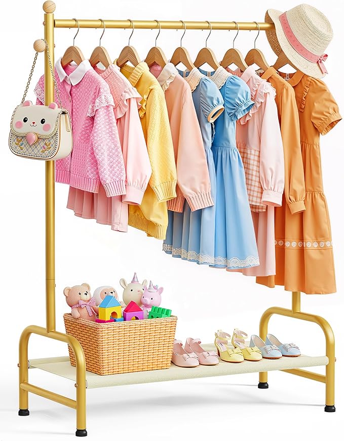 Sakugi Clothes Rack - Sturdy Metal Kids Clothing Rack with Bottom Storage Shelf & Adjustable Feet, Dress Up Storage for Toddler's Bedrooms, Nurseries, Playrooms, 31" x 12.5" x 47.8", Gold