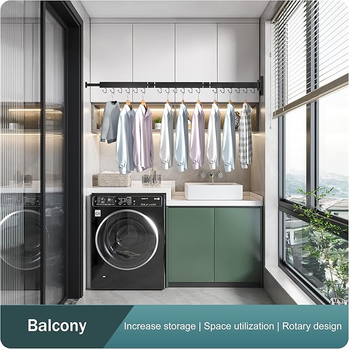 BOQORAD Drying Rack Clothing,Clothes Drying Rack Wall Mounted,Collapsible Hanging Racks for Laundry,Laundry Drying Rack,Wall Mounted Clothes Rack(31.5"-White) (Black-Hooks, Tri-Fold)