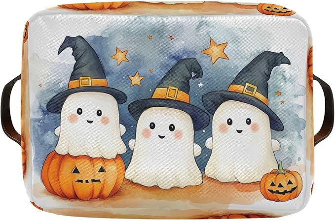 xigua Cute Cartoon Ghosts Storage Basket Foldable Storage Bin, Canvas Rectangular Storage Basket with Leather Handles for Home Closet & Office Decoration