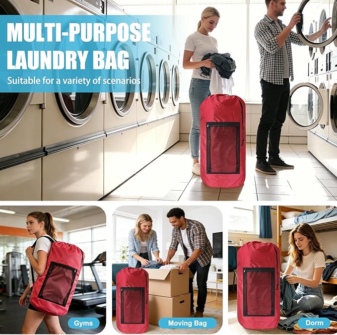 Olosar Laundry Bag Backpack, Extra Large Travel Laundry Bag with Mesh Pocket & Adjustable Shoulder Straps,Dirty Clothes Travel Bag for College Students Dorm,Apartment（Red）