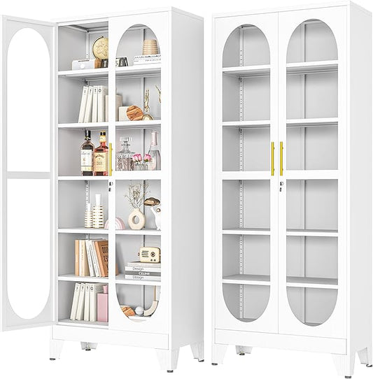 PAOFIN 75" H Locking Display Cabinet with Glass Door, Metal Cabinets with 5 Adjustable Shelves, Cabinet Display Case for Living Room, Collectibles, Clinic, Home - Assembly Required White