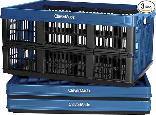 CleverMade Collapsible Utility Crates, Ocean, 3 Pack, 45L/11 Gal, 66 lbs Capacity, Stackable Containers, Heavy Duty, Space-Saving Baskets,Polypropylene (PP)