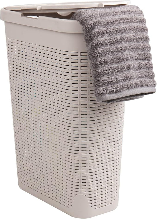 Mind Reader Slim Laundry Hamper with Lid, 40L Clothes Basket, Narrow Tapered Design with Ventilated Cutout Pattern, Plastic, Ivory