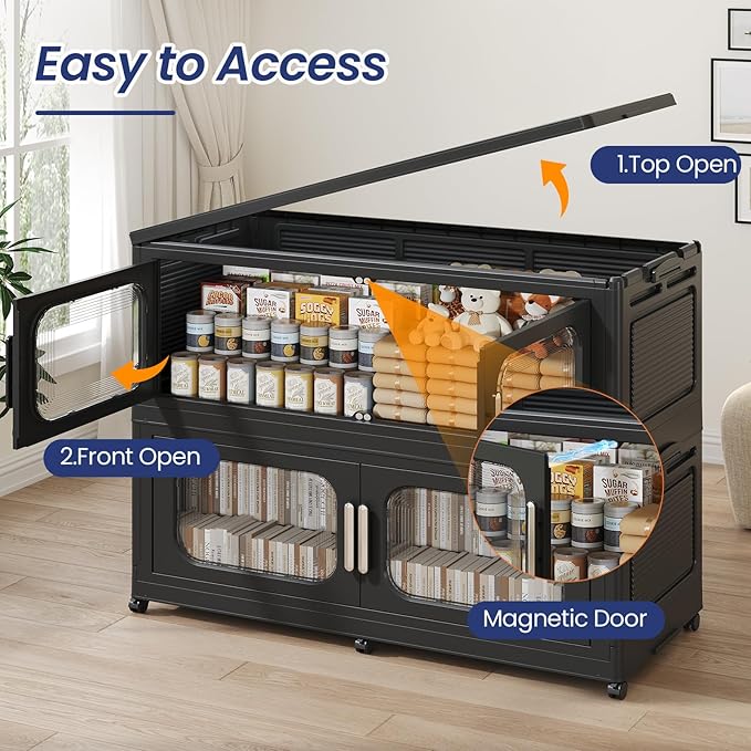200Gal Extra Large Stackable Storage Bins with Lid & Wheels & Doors, 200QT/50GAL 4-Tiers Collapsible Closet Organizers Plastic Containers Drawers Boxes for Home Kitchen Bedroom, Black