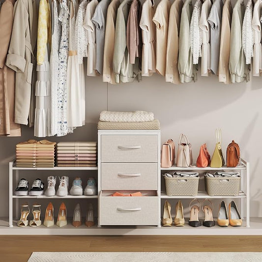 Cidaziya Expandable Closet Organizers and Storage,Wide Long 3 Drawer Dresser,White Fabric Storage Dresser, Clothes Shelves for Kids, Purse Organizer Small Shoe Rack for Closet Bedroom(47.24~71.47in)